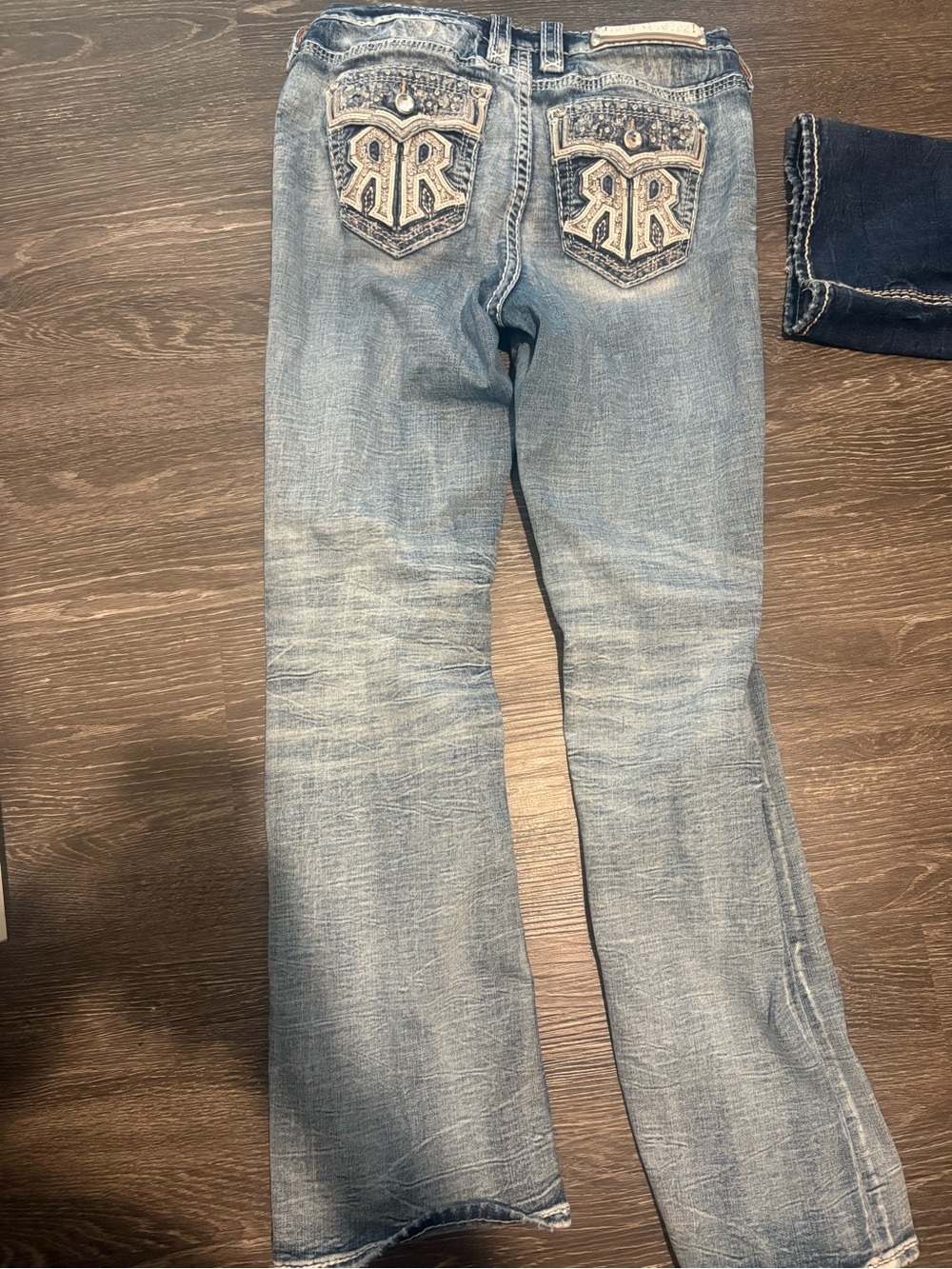 Rock Revival Light Blue Washed Flare Jeans with Embellished Pockets